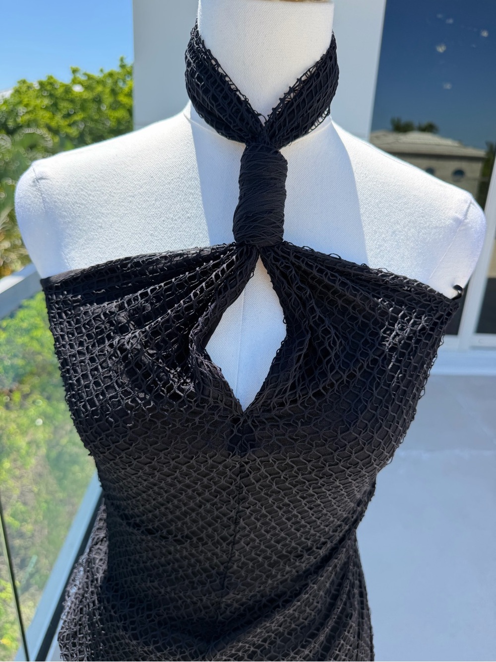 Helmut Lang Black One-Shoulder Mesh Knit Dress